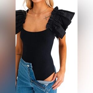 NY&C Black Ruffled Bodysuit Medium Tank Sleeveless NWT Retail $49.00